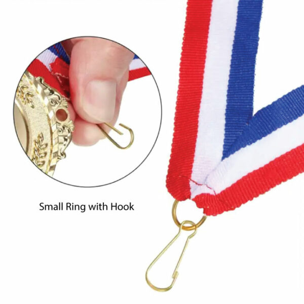 Custom printed award neck ribbons have a small jumper ring and small hook for medallions