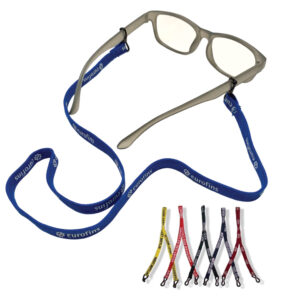 Custom printed eyeglass holder straps (lanyard). Rubber rings grab the handle in the middle.