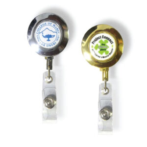 Custom Printed Metal Badge Reels (left) Gold Badge Reel (right)