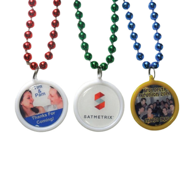 Custom printed party beads pendant necklace. Full color imprint great wedding favor or mardi gras